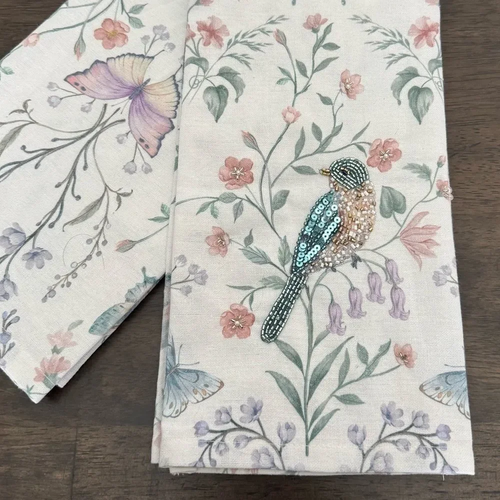 Beaded Bird Butterfly Floral Botanical Kitchen Tea Dish Towels Set